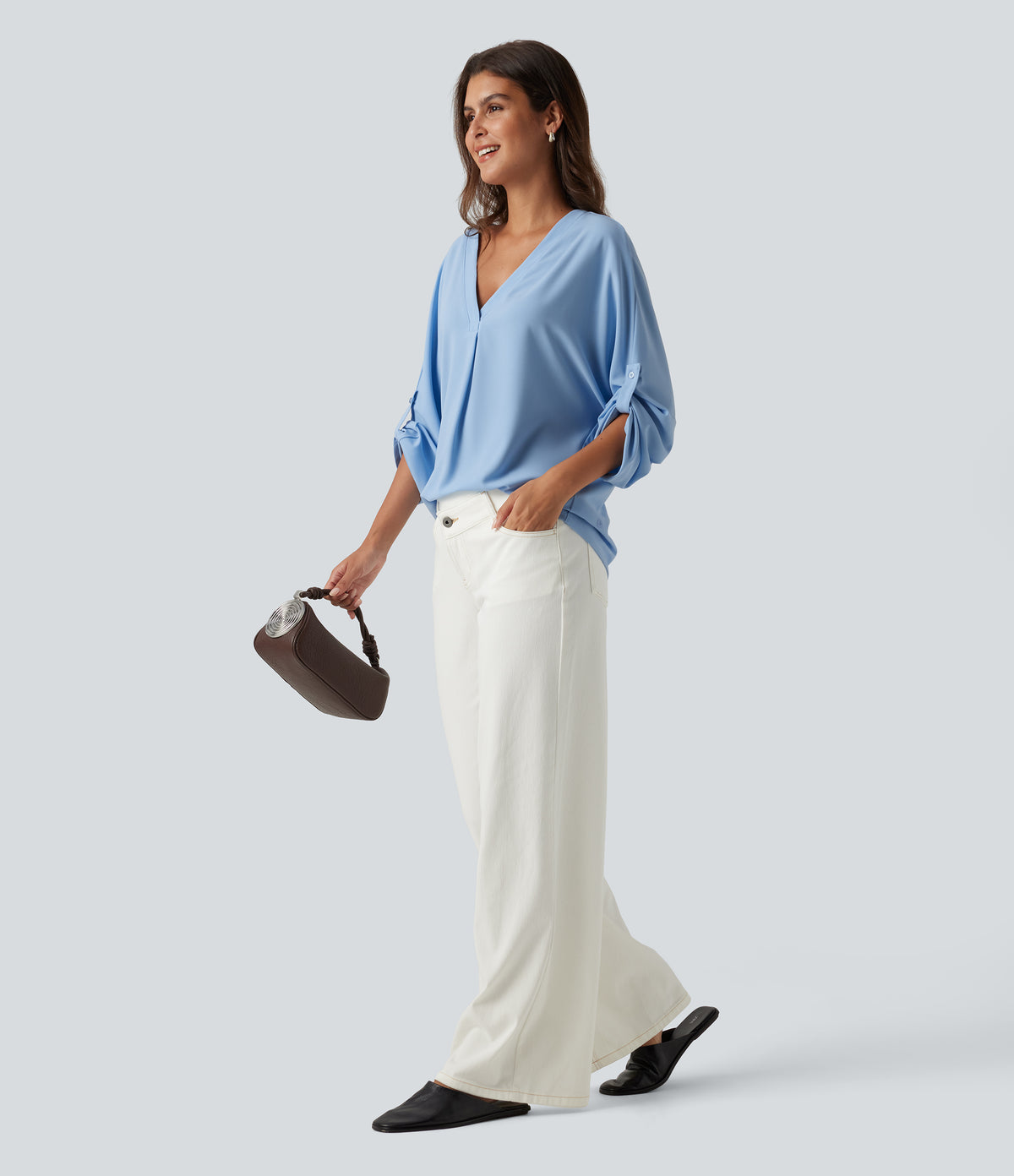 V Neck Batwing Long Sleeve Work Blouse — Dutch Canal — view 7