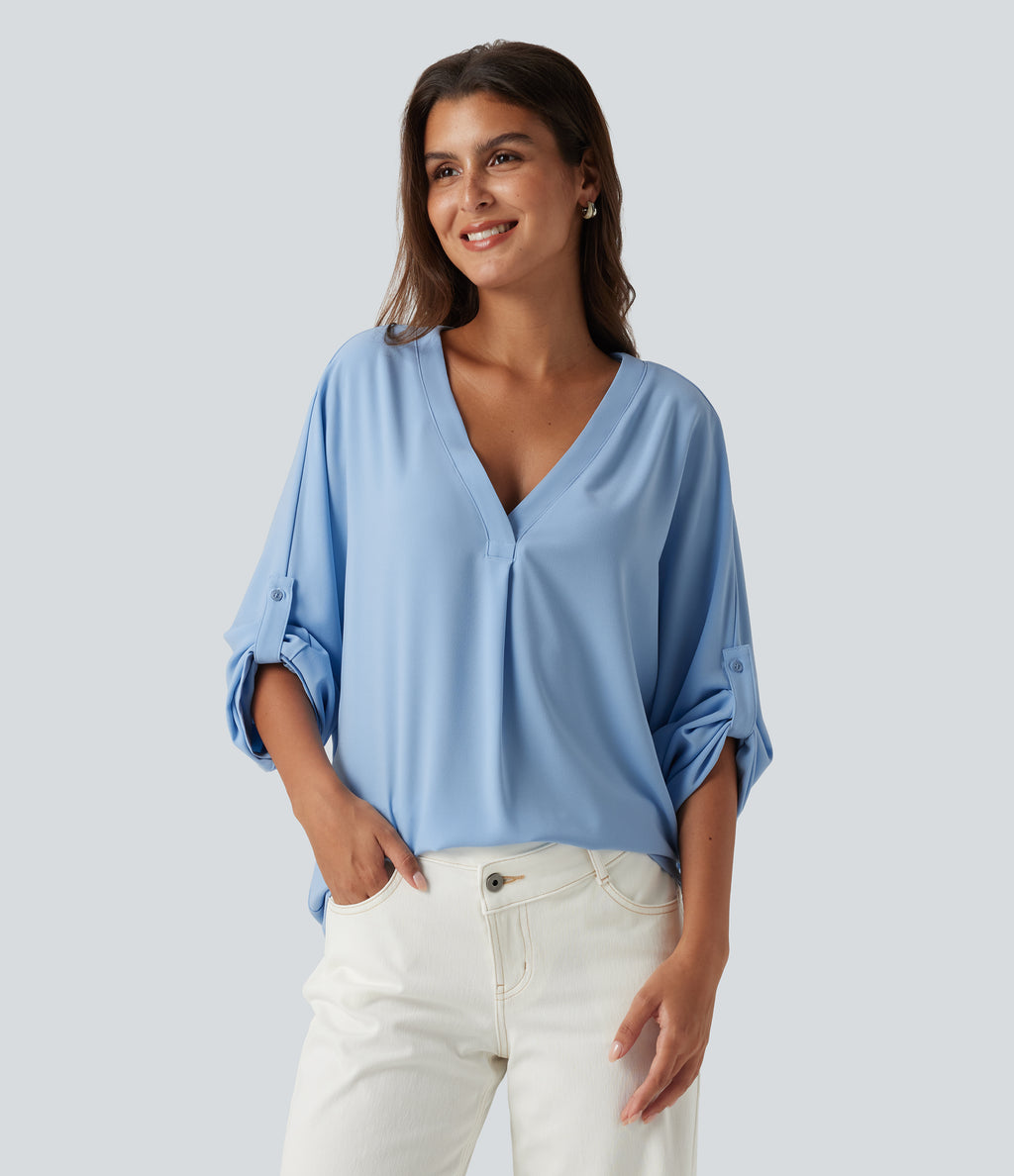 V Neck Batwing Long Sleeve Work Blouse — Dutch Canal — view 3