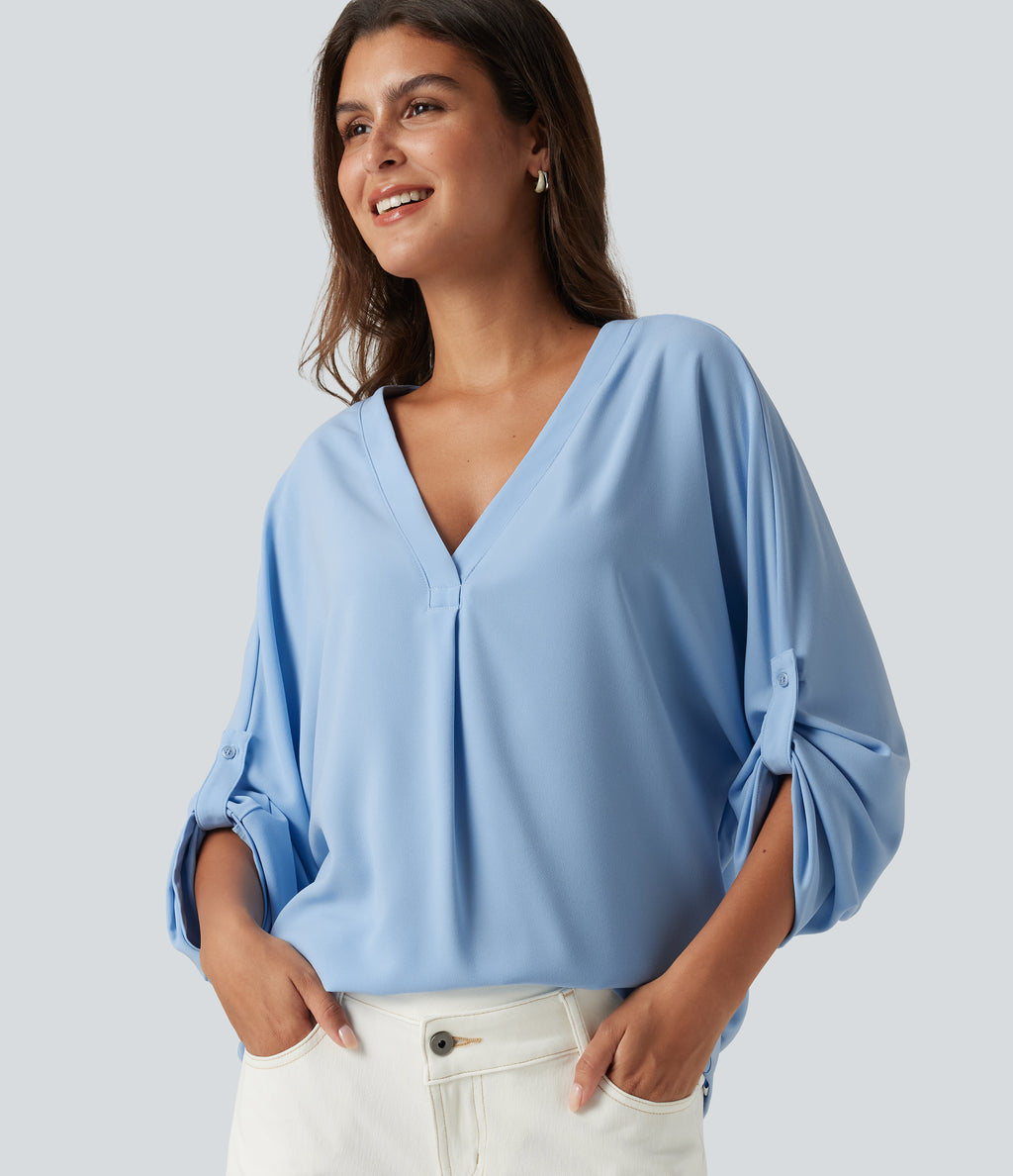 V Neck Batwing Long Sleeve Work Blouse — Dutch Canal — view 1
