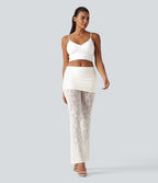 High Stretch Lace Bootcut Casual Skirted Leggings with Pockets — White — view 6