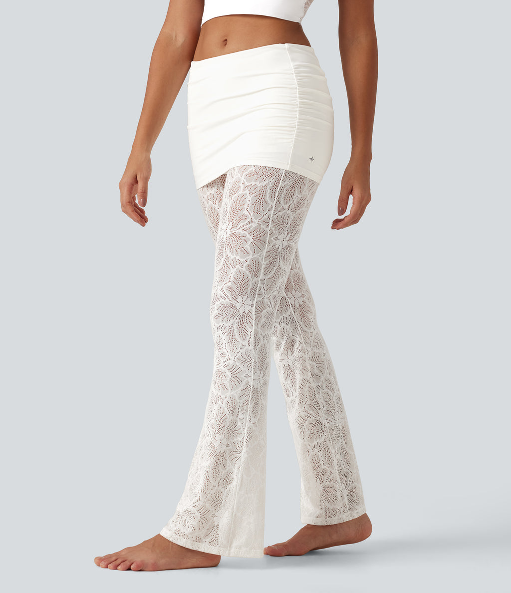 High Stretch Lace Bootcut Casual Skirted Leggings with Pockets — White — view 2