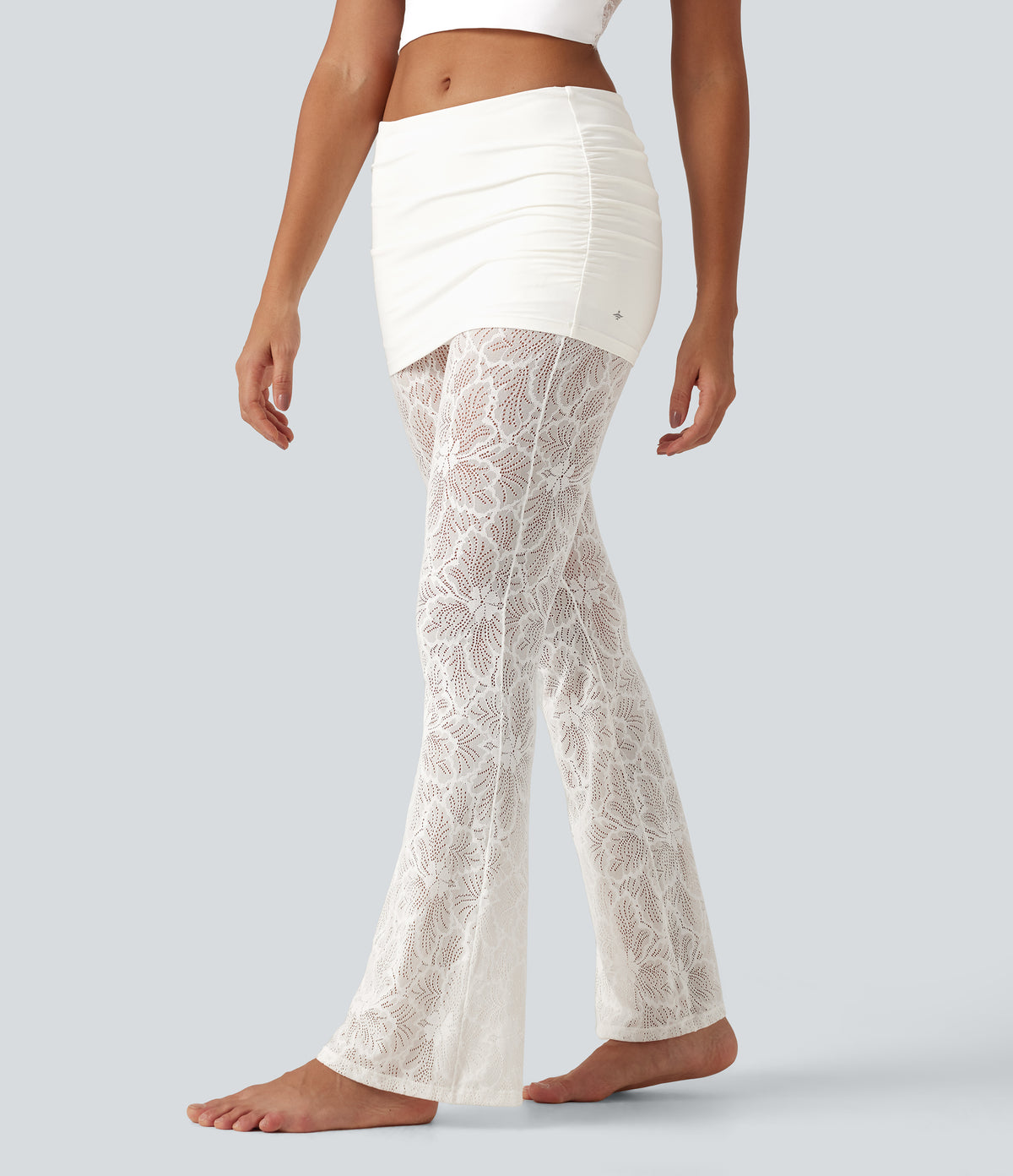 High Stretch Lace Bootcut Casual Skirted Leggings with Pockets — White — view 2