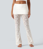 High Stretch Lace Bootcut Casual Skirted Leggings with Pockets — White — view 1