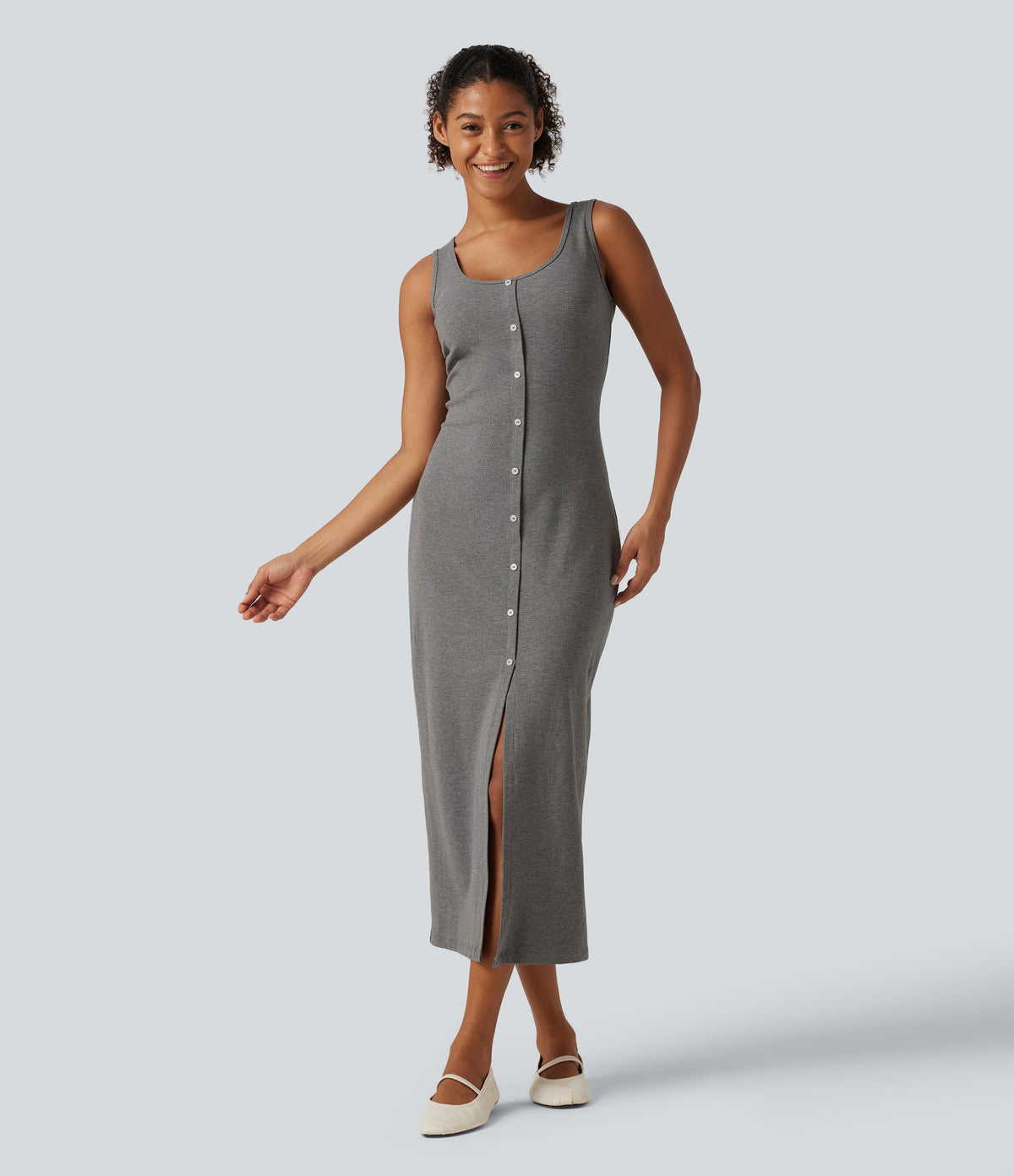 U Neck Sleeveless Slit Hem Decorative Button Midi Casual Dress — Ash Grey — view 1