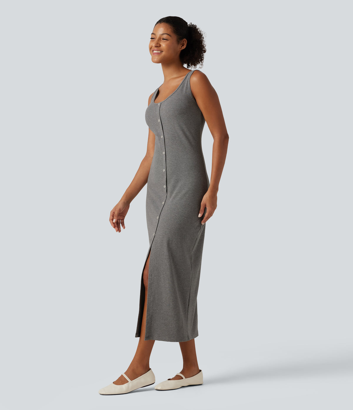 U Neck Sleeveless Slit Hem Decorative Button Midi Casual Dress — Ash Grey — view 3