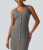 U Neck Sleeveless Slit Hem Decorative Button Midi Casual Dress — Ash Grey — view 4