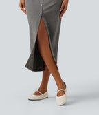 U Neck Sleeveless Slit Hem Decorative Button Midi Casual Dress — Ash Grey — view 5