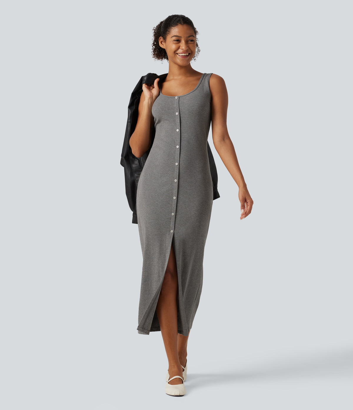 U Neck Sleeveless Slit Hem Decorative Button Midi Casual Dress — Ash Grey — view 7