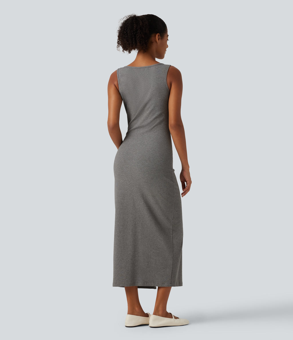 U Neck Sleeveless Slit Hem Decorative Button Midi Casual Dress — Ash Grey — view 2