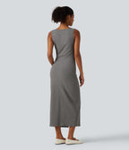 U Neck Sleeveless Slit Hem Decorative Button Midi Casual Dress — Ash Grey — view 2
