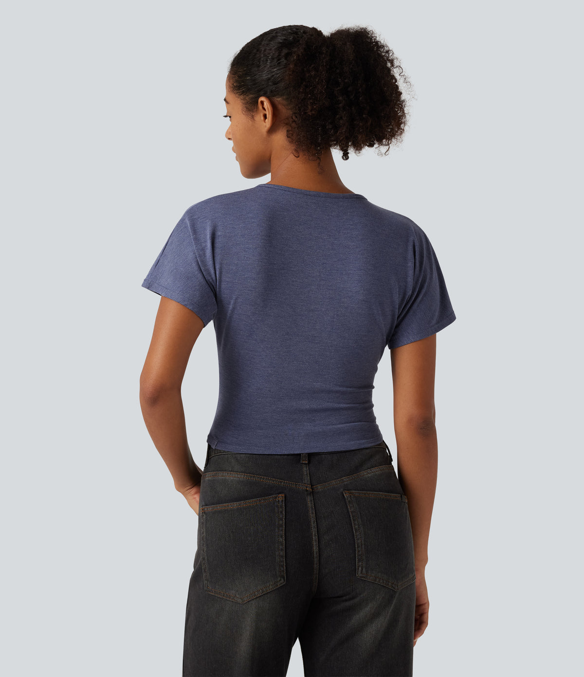 V Neck Flounce Short Sleeve Ruched Casual T-Shirt — Mottled Indigo — view 2