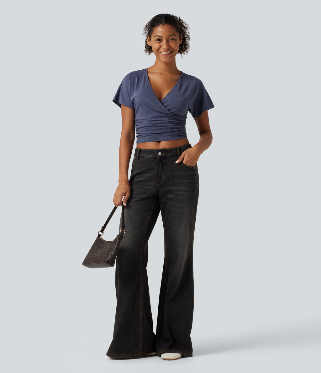 V Neck Flounce Short Sleeve Ruched Casual T-Shirt — Mottled Indigo — view 7