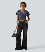 V Neck Flounce Short Sleeve Ruched Casual T-Shirt — Mottled Indigo — view 7