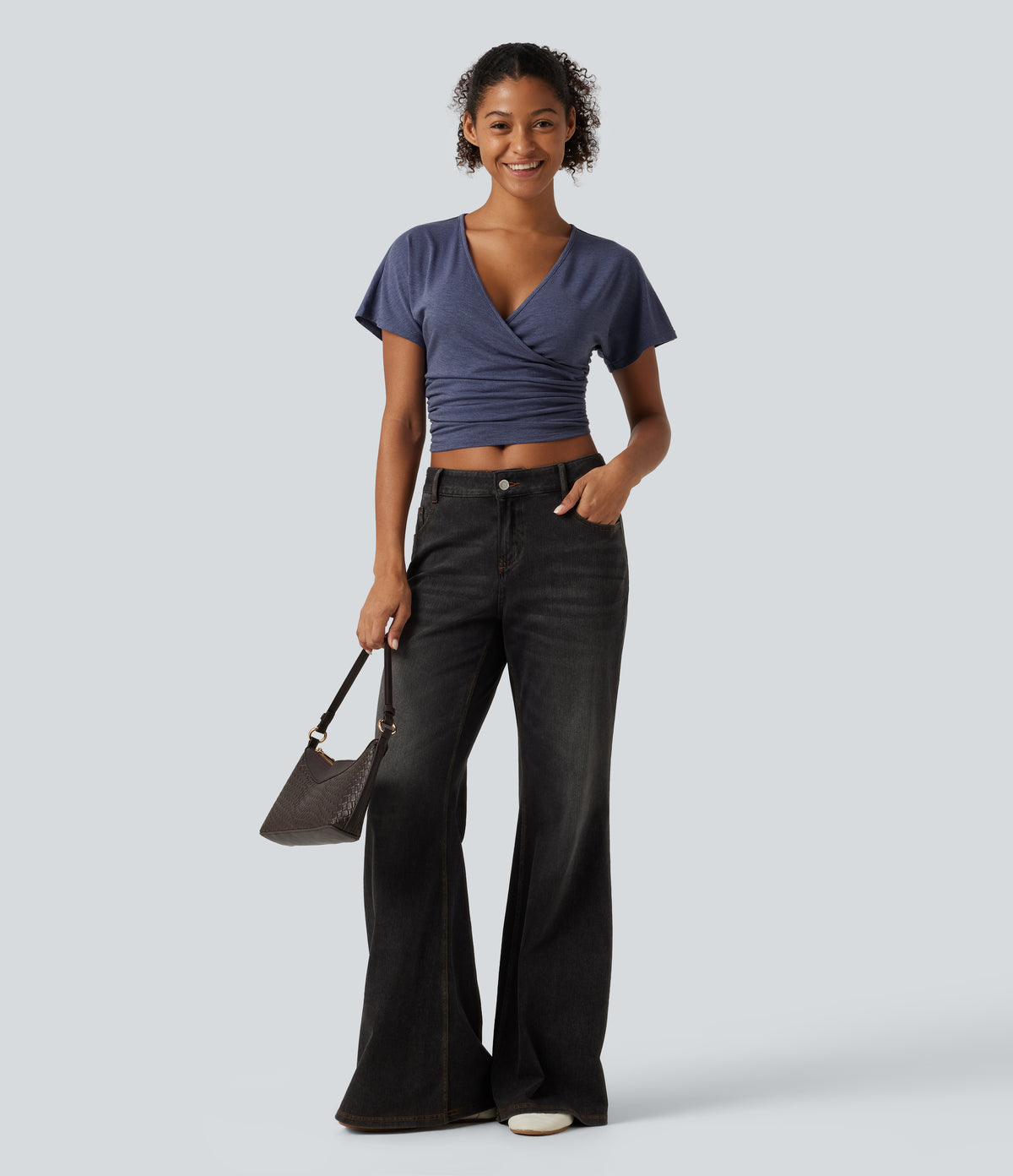 V Neck Flounce Short Sleeve Ruched Casual T-Shirt — Mottled Indigo — view 7