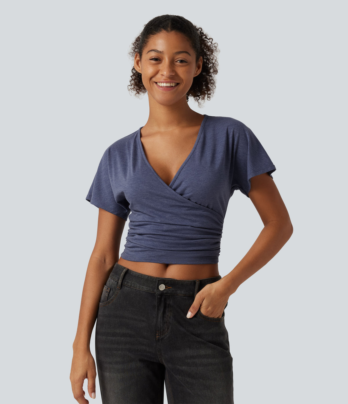 V Neck Flounce Short Sleeve Ruched Casual T-Shirt — Mottled Indigo — view 4