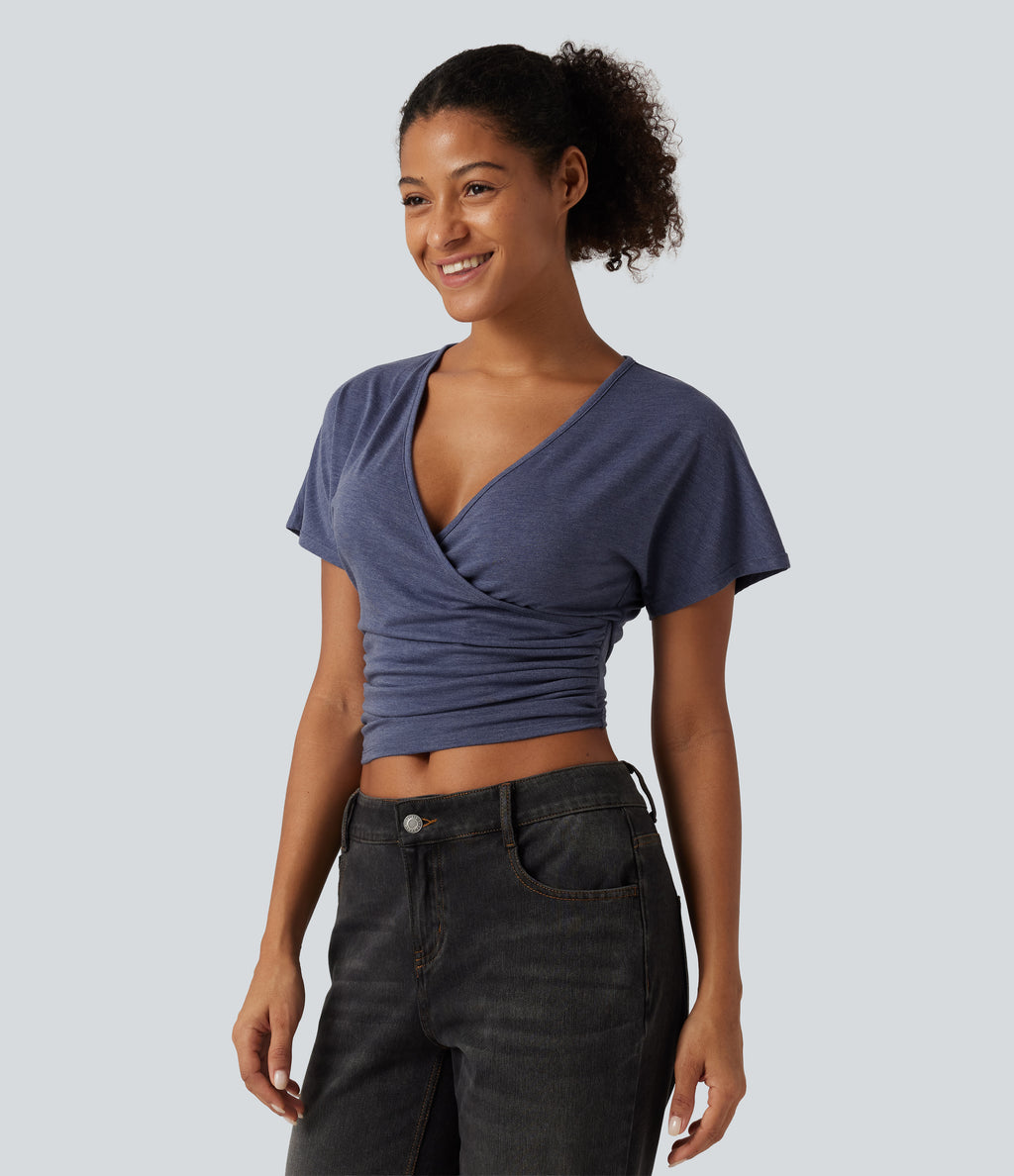 V Neck Flounce Short Sleeve Ruched Casual T-Shirt — Mottled Indigo — view 3