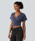 V Neck Flounce Short Sleeve Ruched Casual T-Shirt — Mottled Indigo — view 3