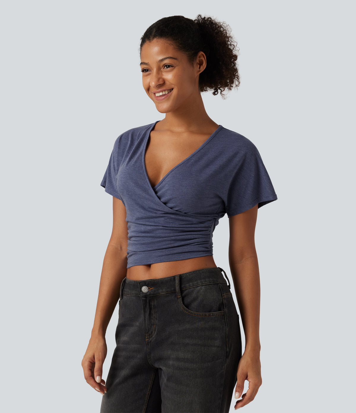V Neck Flounce Short Sleeve Ruched Casual T-Shirt — Mottled Indigo — view 3