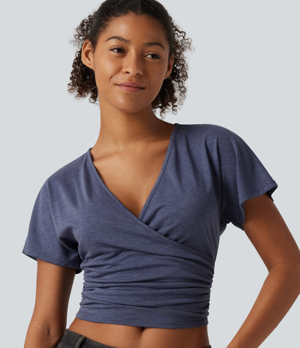 V Neck Flounce Short Sleeve Ruched Casual T-Shirt — Mottled Indigo — view 1