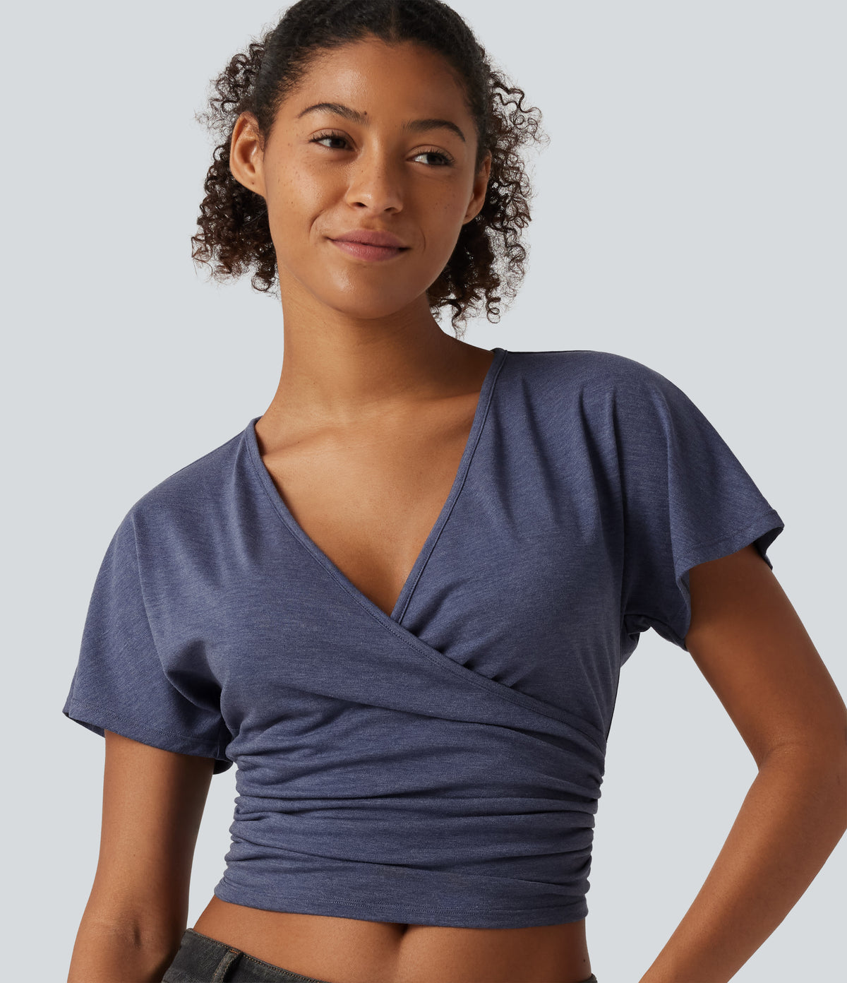 V Neck Flounce Short Sleeve Ruched Casual T-Shirt — Mottled Indigo — view 1