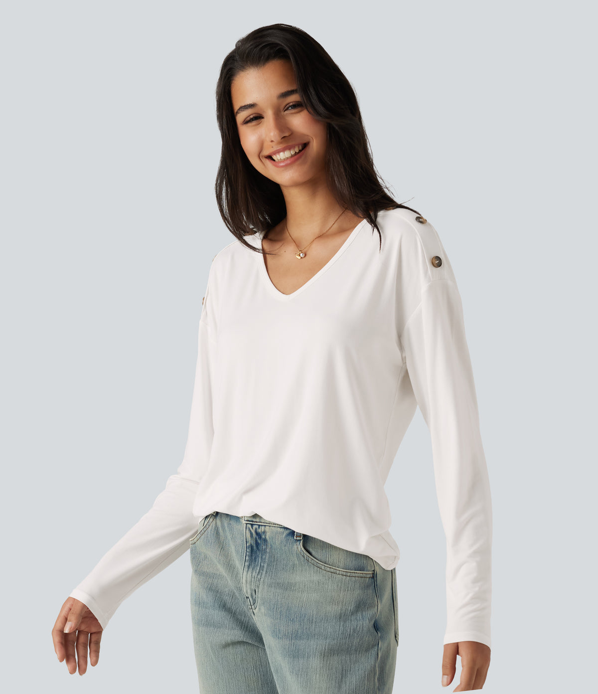 V Neck Dropped Long Sleeve Casual T-Shirt — White — view 3