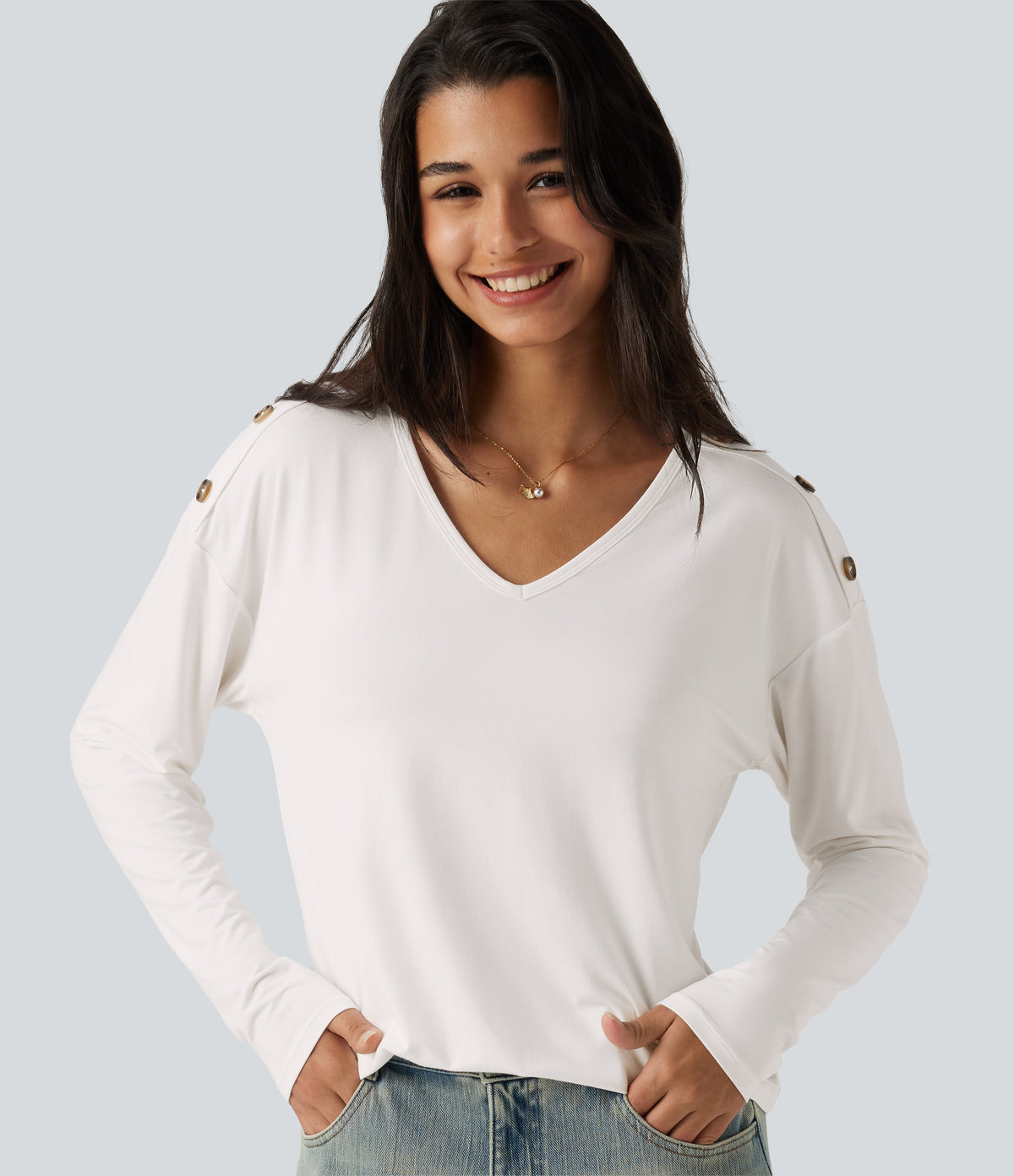 V Neck Dropped Long Sleeve Casual T-Shirt — White — view 1
