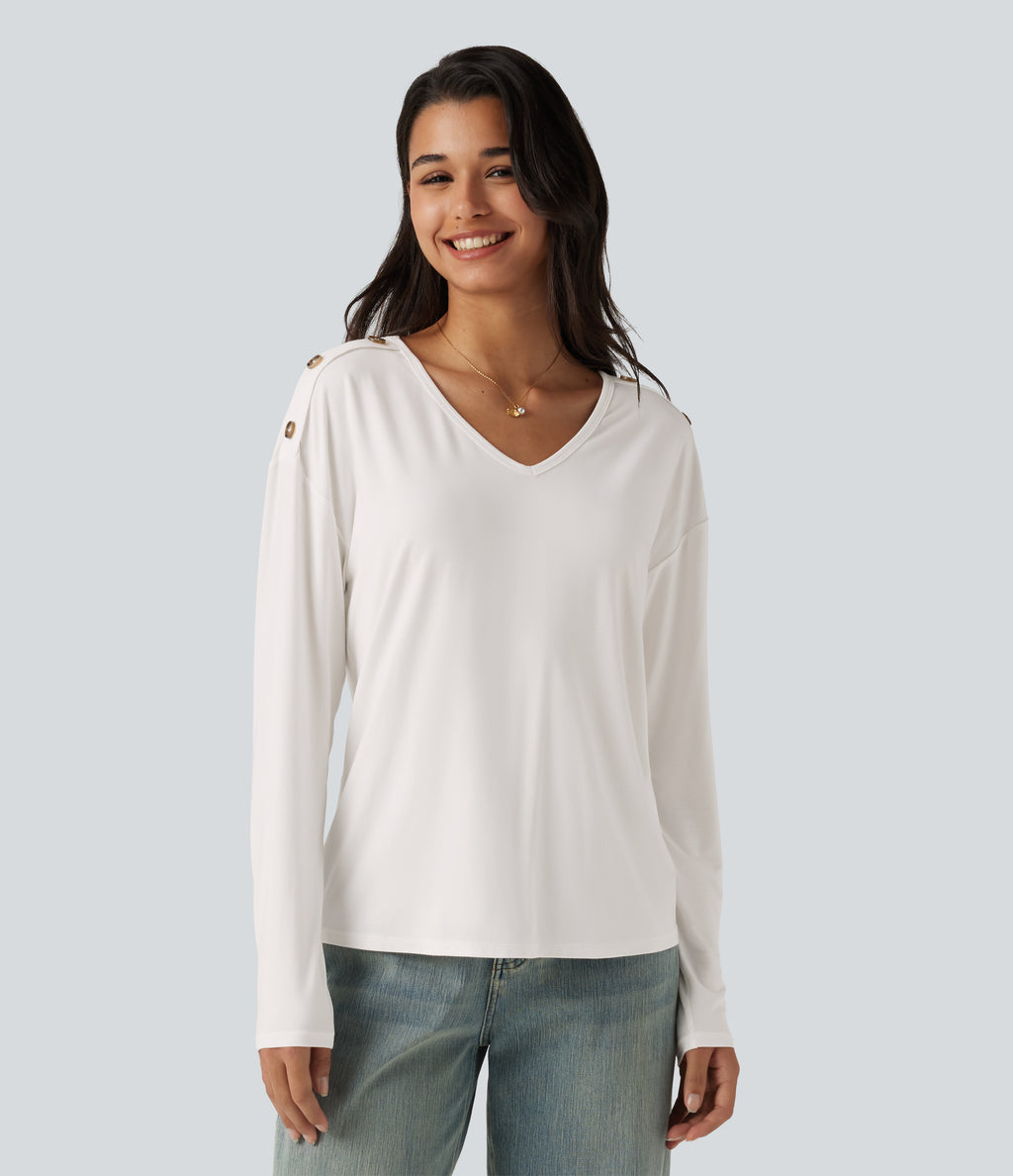 V Neck Dropped Long Sleeve Casual T-Shirt — White — view 5