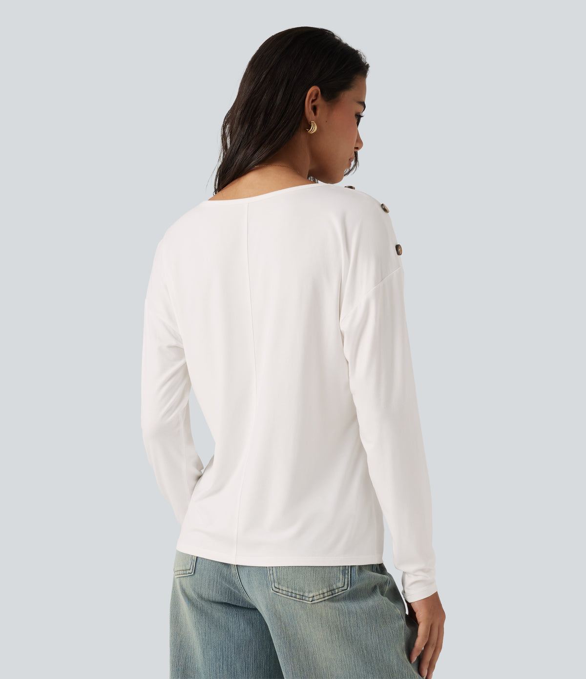 V Neck Dropped Long Sleeve Casual T-Shirt — White — view 2
