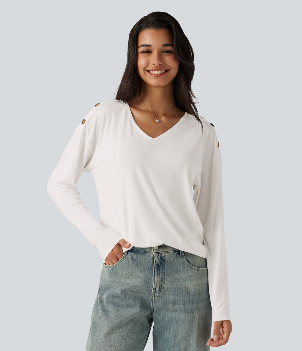 V Neck Dropped Long Sleeve Casual T-Shirt — White — view 4
