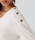 V Neck Dropped Long Sleeve Casual T-Shirt — White — view 6