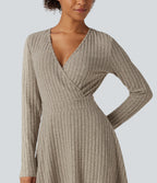 Ribbed Knit V-Neck Crossover Long Sleeve Mini Casual Dress — Warm Grey Floral Velvet — view 6