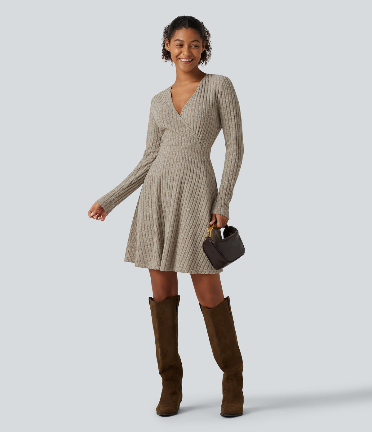 Ribbed Knit V-Neck Crossover Long Sleeve Mini Casual Dress — Warm Grey Floral Velvet — view 7