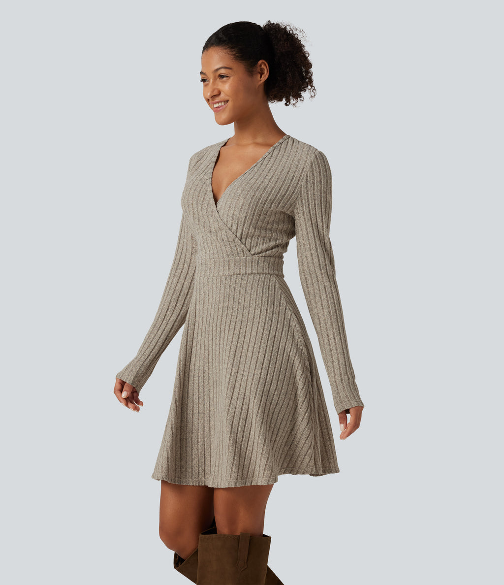 Ribbed Knit V-Neck Crossover Long Sleeve Mini Casual Dress — Warm Grey Floral Velvet — view 2