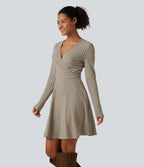 Ribbed Knit V-Neck Crossover Long Sleeve Mini Casual Dress — Warm Grey Floral Velvet — view 2
