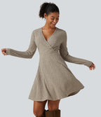 Ribbed Knit V-Neck Crossover Long Sleeve Mini Casual Dress — Warm Grey Floral Velvet — view 1