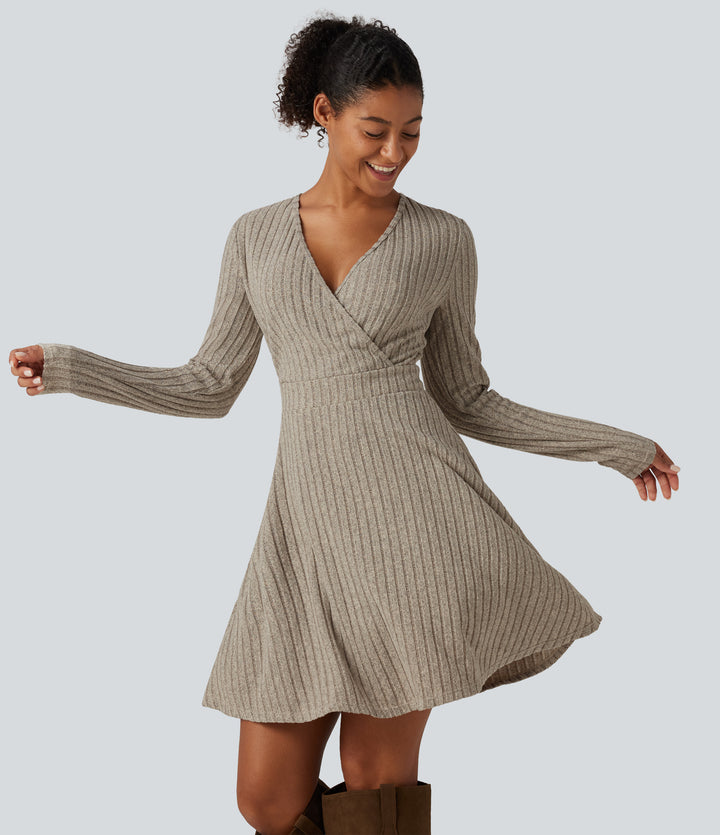 Ribbed Knit V-Neck Crossover Long Sleeve Mini Casual Dress — Warm Grey Floral Velvet — view 1