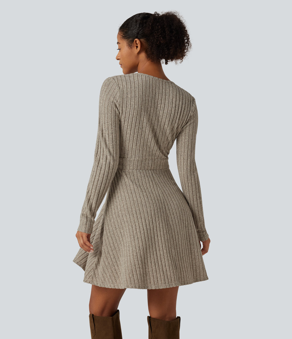 Ribbed Knit V-Neck Crossover Long Sleeve Mini Casual Dress — Warm Grey Floral Velvet — view 3