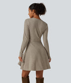 Ribbed Knit V-Neck Crossover Long Sleeve Mini Casual Dress — Warm Grey Floral Velvet — view 3