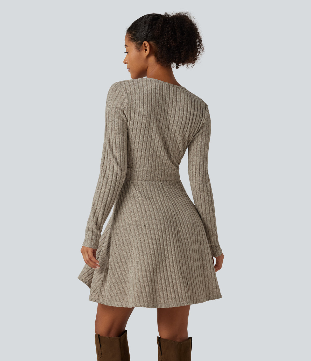 Ribbed Knit V-Neck Crossover Long Sleeve Mini Casual Dress — Warm Grey Floral Velvet — view 3