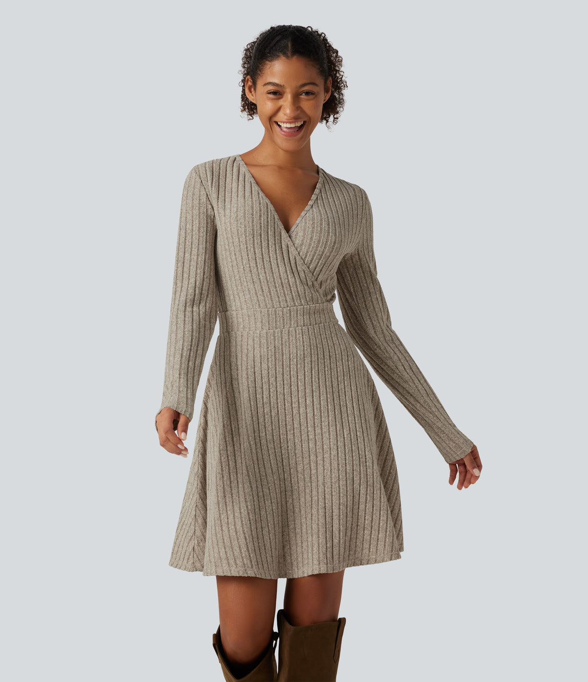 Ribbed Knit V-Neck Crossover Long Sleeve Mini Casual Dress — Warm Grey Floral Velvet — view 4