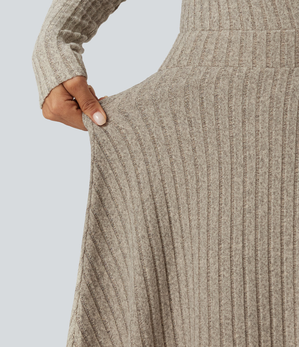 Ribbed Knit V-Neck Crossover Long Sleeve Mini Casual Dress — Warm Grey Floral Velvet — view 5