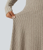 Ribbed Knit V-Neck Crossover Long Sleeve Mini Casual Dress — Warm Grey Floral Velvet — view 5