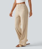 High Waisted Straight Leg Casual Stretch Linen Trousers with Pockets — Oatfield Cream — view 3