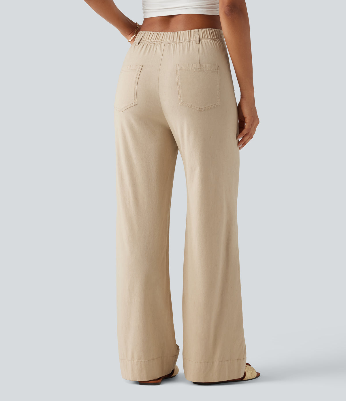 High Waisted Straight Leg Casual Stretch Linen Trousers with Pockets — Oatfield Cream — view 2