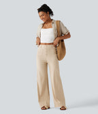 High Waisted Straight Leg Casual Stretch Linen Trousers with Pockets — Oatfield Cream — view 7
