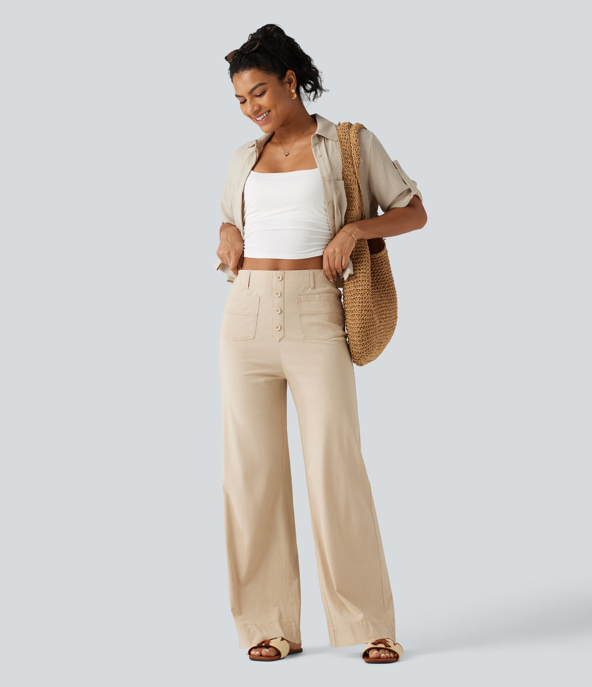 High Waisted Straight Leg Casual Stretch Linen Trousers with Pockets — Oatfield Cream — view 7