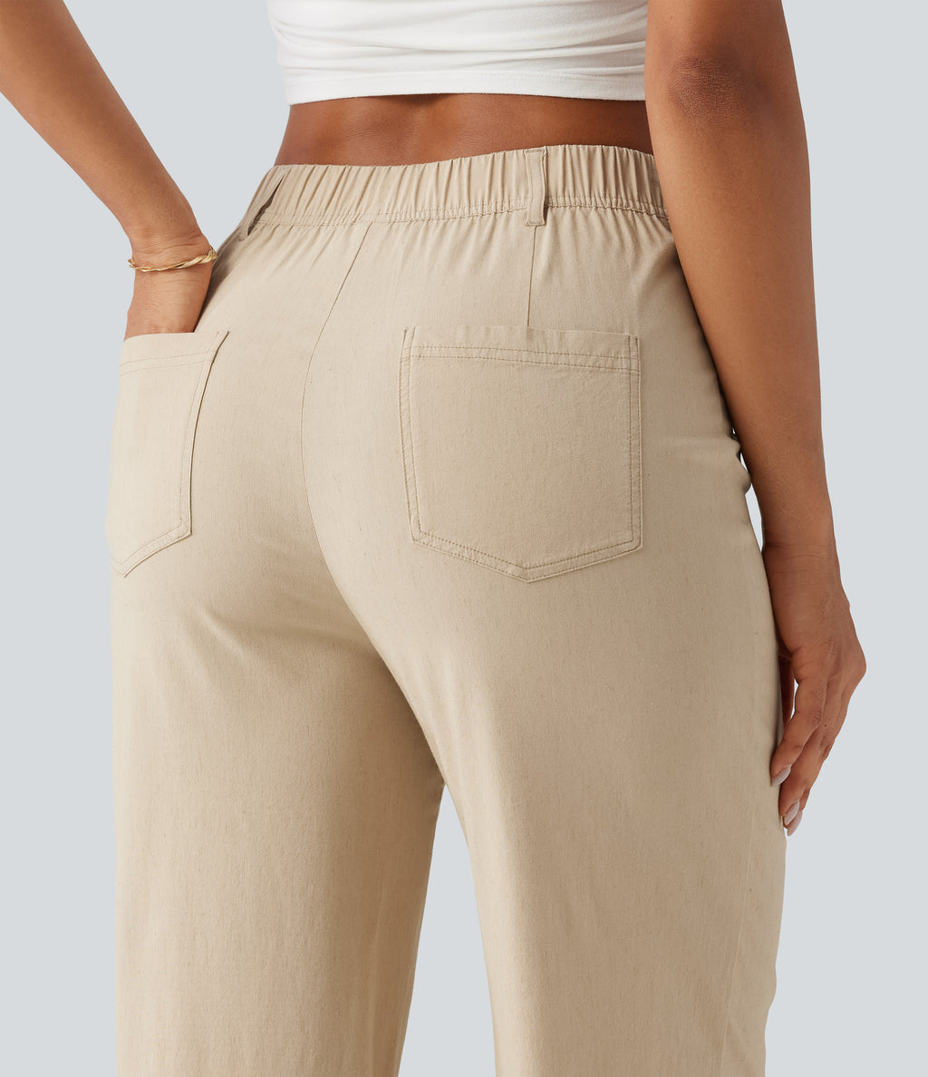 High Waisted Straight Leg Casual Stretch Linen Trousers with Pockets — Oatfield Cream — view 5
