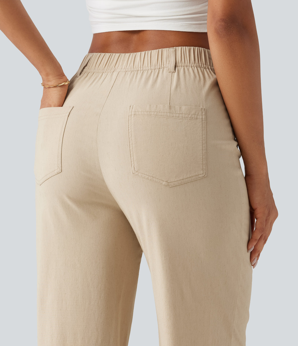 High Waisted Straight Leg Casual Stretch Linen Trousers with Pockets — Oatfield Cream — view 5