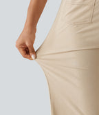 High Waisted Straight Leg Casual Stretch Linen Trousers with Pockets — Oatfield Cream — view 6