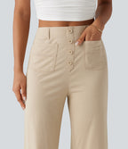 High Waisted Straight Leg Casual Stretch Linen Trousers with Pockets — Oatfield Cream — view 4